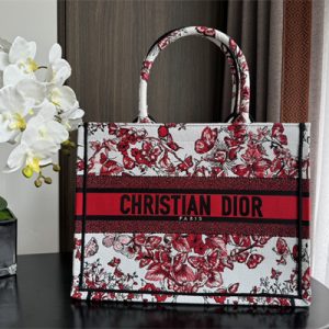 CD Medium Book Tote Le C?ur des Papillons Embroidery White and Red
