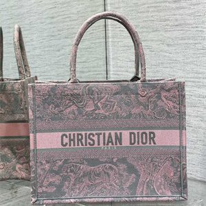 CD Medium Book Tote Toile de Jouy Embroidery Grey and Pink