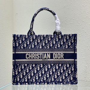 CD Medium Book Tote Ecru and Blue Oblique Embroidery