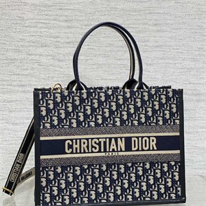 CD Medium Book Tote With Strap Ecru and Blue Oblique Embroidery