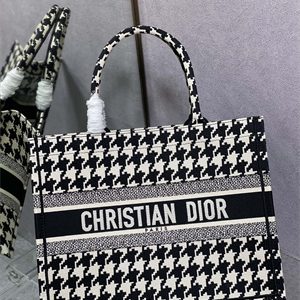 CD Medium Book Tote Macro Houndstooth Embroidery Black and White