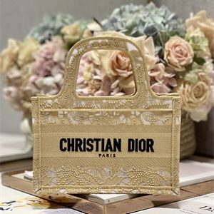 CD Mini Book Tote Beige D-Lace Embroidery With Macrame Effect