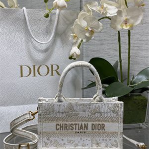 CD Mini Book Tote With Strap Butterfly Zodiac Embroidery White and Gold Tone