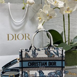 CD Mini Book Tote With Strap Toile de Jouy Mexico Embroidery White and Pastel Midnigiht Blue