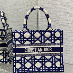 CD Small Book Tote Beige and Blue Macrocannage Embroidery