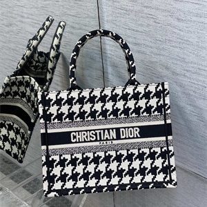 CD Small Book Tote Macro Houndstooth Embroidery Black and White