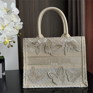 CD Small Book Tote Beige D-Lace Butterfly Embroidery With Macrame Effect