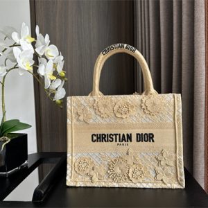 CD Small Book Tote Beige D-Lace Flowers Embroidery With Macrame Effect