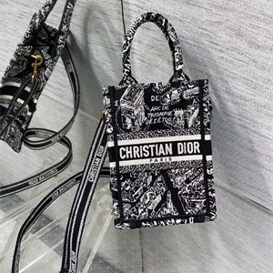 CD Mini Vertical Di.or Book Tote With Strap Plan de Paris Embroidery Black and White