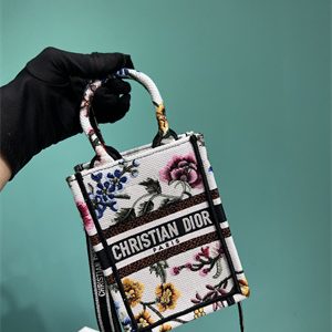 CD Mini Vertical Di.or Book Tote With Strap Petites Fleurs Embroidery White Multicolor