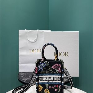 CD Mini Vertical Di.or Book Tote With Strap Petites Fleurs Embroidery Black Multicolor