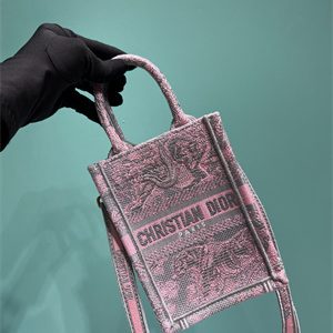 CD Mini Vertical Di.or Book Tote With Strap Toile de Jouy Embroidery Grey and Pink