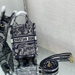 CD Mini Vertical Di.or Book Tote With Strap Blue Toile de Jouy Embroidery