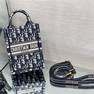 CD Mini Vertical Di.or Book Tote With Strap Blue Oblique Embroidery