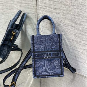 CD Mini Vertical Di.or Book Tote With Strap Toile de Jouy Embroidery Denim Blue