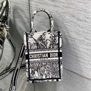 CD Mini Vertical Di.or Book Tote With Strap Voyage Toile de Jouy Embroidery White and Black