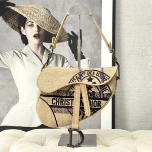 CD Saddle Bag Jute Canvas Embroidery With Dior Union Motif Beige Color