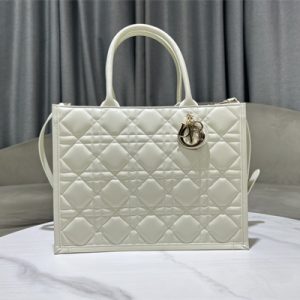 CD Medium Book Tote With Strap Macrocannage Calfskin White