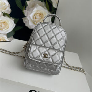 Cha.nel Mini Backpack Grained Calfskin Gold-Tone Metal Silver AP3753