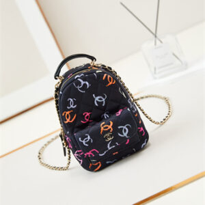 Cha.nel Mini Backpack Fabric With CC Printing Gold-Tone Metal Black AP3753