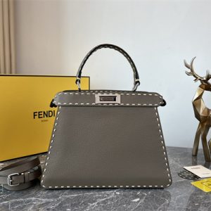 Fen.di Peekaboo Iconic ISeeU Medium Bag Cuoio Romano Leather Dk Grey Color With Topstitches