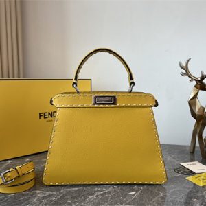 Fen.di Peekaboo Iconic ISeeU Medium Bag Cuoio Romano Leather Yellow Color With Topstitches