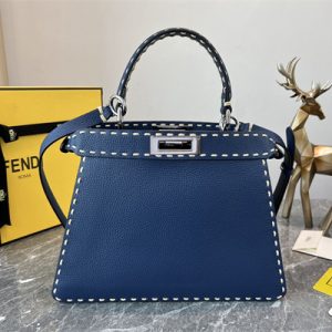 Fen.di Peekaboo Iconic ISeeU Medium Bag Cuoio Romano Leather Blue Color With Topstitches