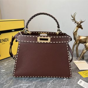 Fen.di Peekaboo Iconic ISeeU Medium Bag Cuoio Romano Leather Burgundy Color With Topstitches