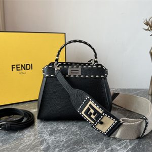 Fen.di Peekaboo Mini Bag Cuoio Romano Leather Black Color With Topstitches