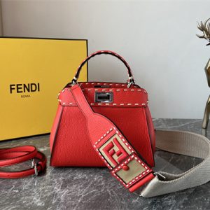 Fen.di Peekaboo Mini Bag Cuoio Romano Leather Red Color With Topstitches