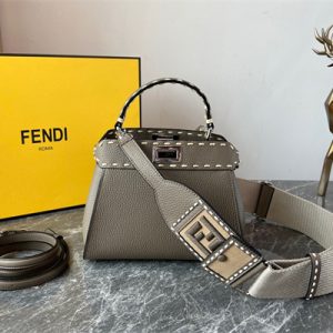 Fen.di Peekaboo Mini Bag Cuoio Romano Leather Grey Color With Topstitches
