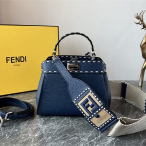 Fen.di Peekaboo Mini Bag Cuoio Romano Leather Dk Blue Color With Topstitches