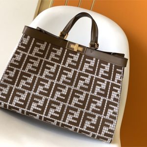 Fen.di Peekaboo X-Tote Wool Vitello King Houndstooth FF Embroidered Coffee Color