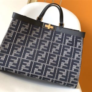 Fen.di Peekaboo X-Tote Wool Vitello King Houndstooth FF Embroidered Black Color