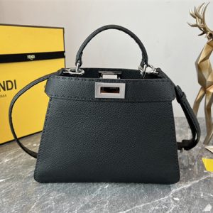 Fen.di Peekaboo Iconic ISeeU Small Bag Cuoio Romano Leather Black Color With Topstitches