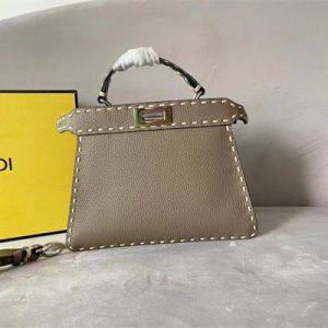 Fen.di Peekaboo Iconic ISeeU Small Bag Cuoio Romano Leather Grey Color With Topstitches