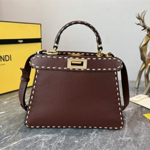 Fen.di Peekaboo Iconic ISeeU Small Bag Cuoio Romano Leather Burgundy Color With Topstitches