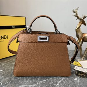 Fen.di Peekaboo Iconic ISeeU Small Bag Cuoio Romano Leather Brown Color With Topstitches