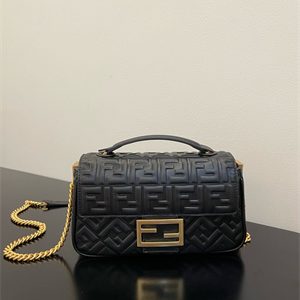 Fen.di BAGUETTE CHAIN MIDI Black Nappa Leather Bag With FF Motif
