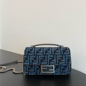 Fen.di BAGUETTE CHAIN MIDI Dk Blue Tapestry Fabric Bag With FF Motif