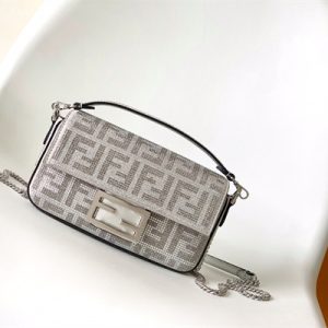 Fen.di BAGUETTE Mini Silver Leather Bag With Crystal FF Motif