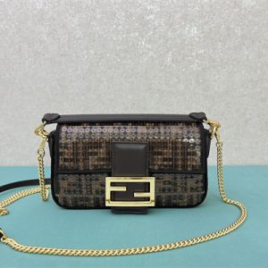 Fen.di BAGUETTE Mini Bag Brown FF Jacquard Fabric With Sequins