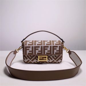 Fen.di BAGUETTE Houndstooth Wool Fabric Bag With Brown FF Embroidery