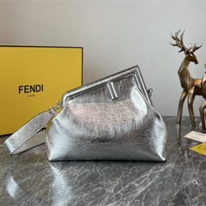 Fen.di FIRST MEDIUM Silver Wrinkled Leather Bag