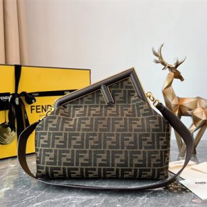 Fen.di FIRST MEDIUM Brown FF Jacquard Fabric Bag