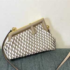Fen.di FIRST SMALL White and Dove Grey Interlaced Leather Bag