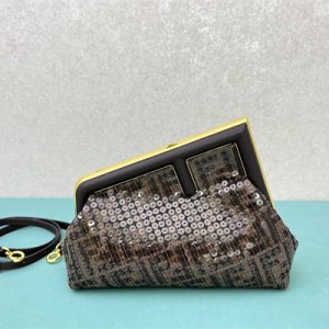 Fen.di FIRST SMALL Brown FF Jacquard Fabric Bag With Sequins