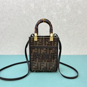 Fen.di  MINI SUNSHINE SHOPPER Brown FF Jacquard Fabric With Sequins