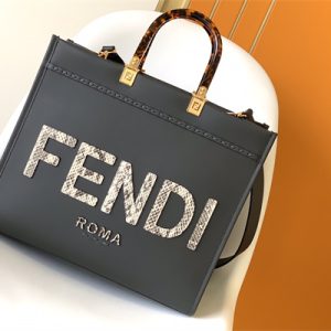 Fen.di SUNSHINE Medium Dark Grey Leather and Elaphe Shopper