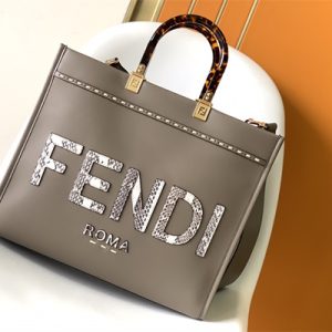 Fen.di SUNSHINE Medium Dove Grey Leather and Elaphe Shopper
